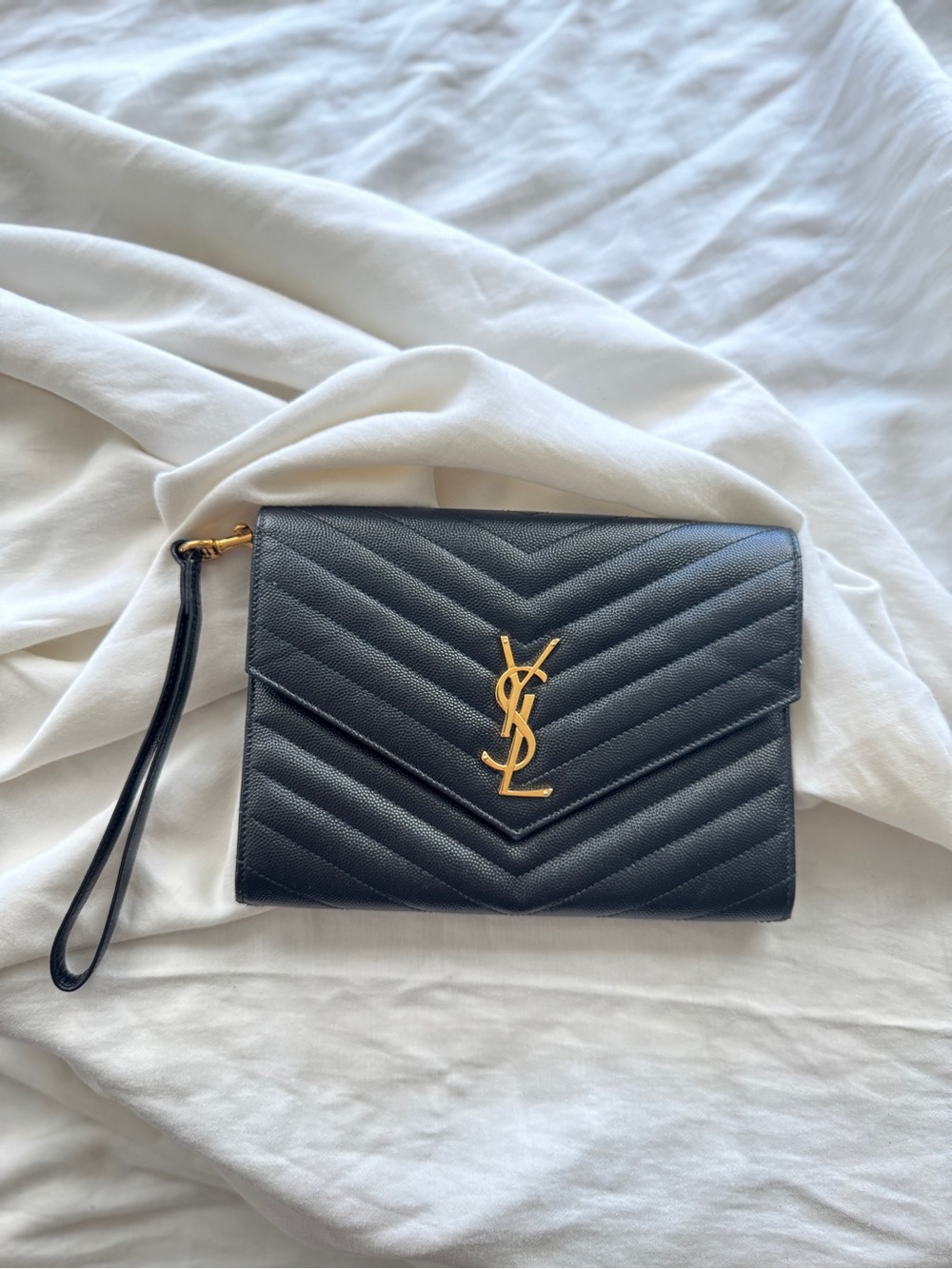 Saint Laurent Black Quilted Leather Wristlet with Gold YSL Logo